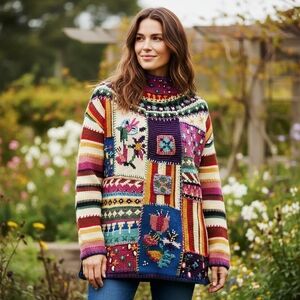 Vintage Paris Sport Club Patchwork Mock Neck Knit Sweater 80's Womens Large